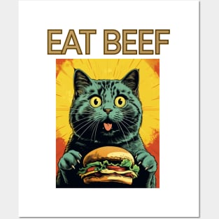 Retro Vintage Cat - Eat Beef Design | Quirky Feline Art Posters and Art